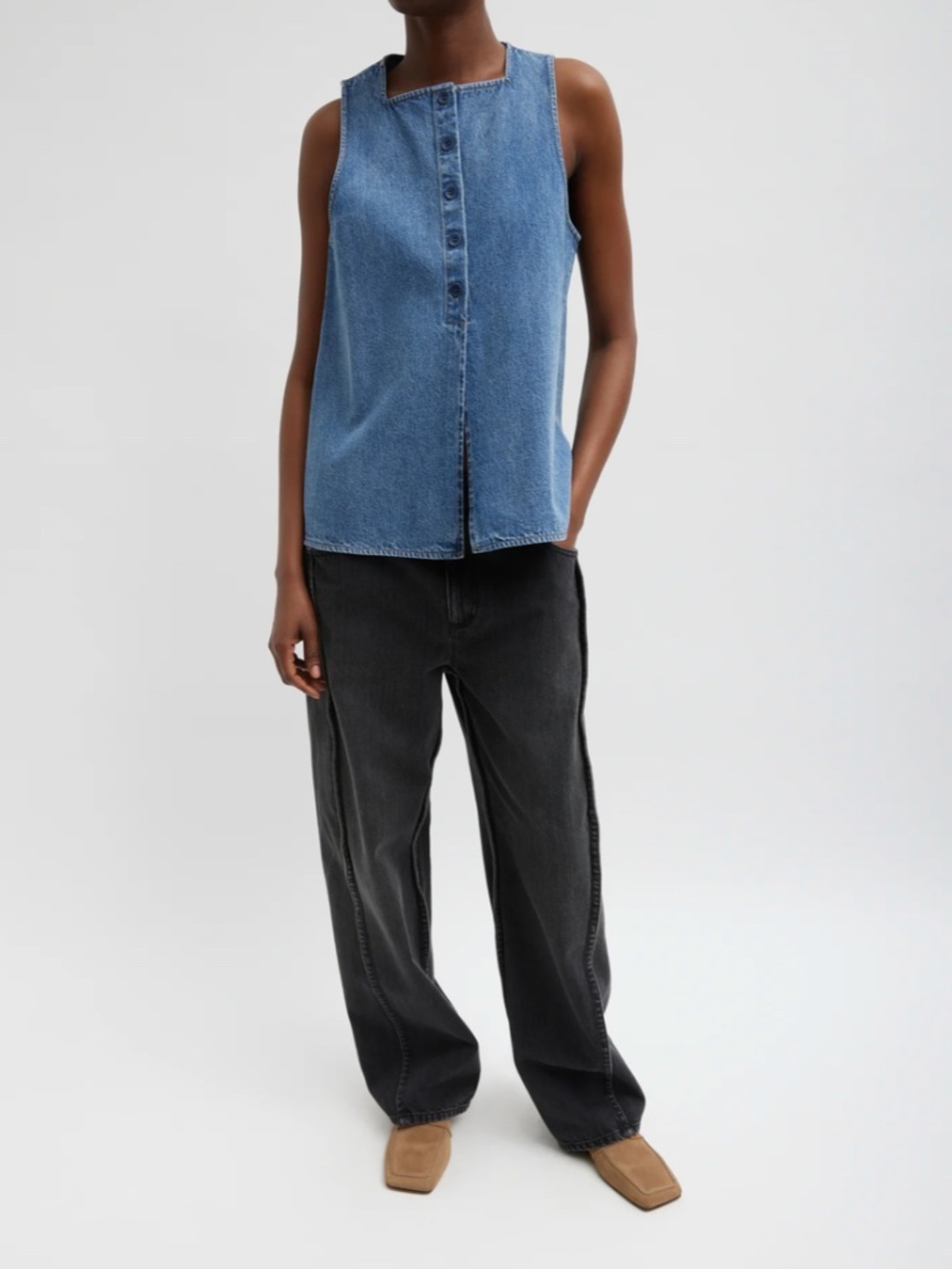 Tibi Spring Denim Slit Front Sleeveless Top Classic Blue Size 4 - Picture 2 of 8